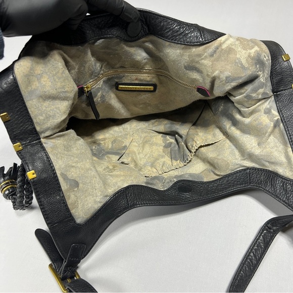 ELLIOT LUCCA Black Leather Tote Hobo Shoulder Bag Tassel Gold Stud Biker Boho - Picture 10 of 14